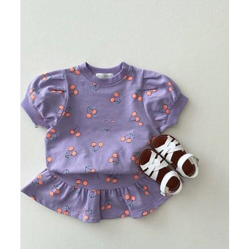 2021 Summer Baby Suit Cherry Print Set Puff Sleeve Tees and Shorts Skirt 2Pcs Girls Clothes Toddler Girl Two-piece Suit