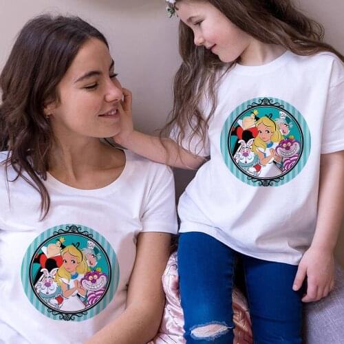 Mama and Daughter Alice in Wonderland Print Harajuku Tshirts Women Casual Baby Girl Children Top Tee Shirt Famliy Look