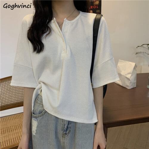 T-Shirts Women Solid Loose Casual Preppy Korean Style Trendy Sexy Female Tops Elegant Ulzzang All-match Simple Popular Chic Ins