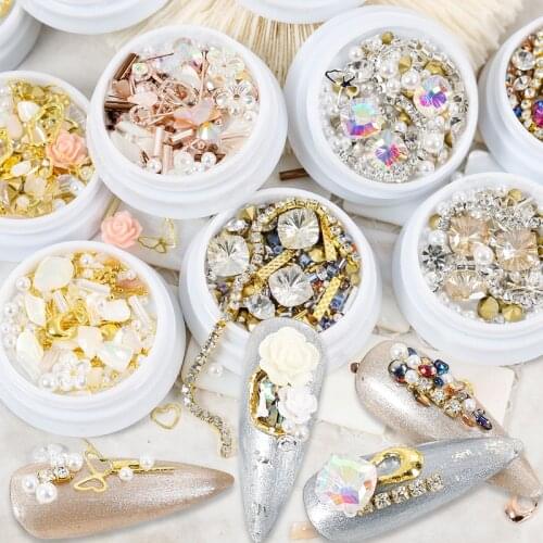 1 Jar Mix Various Alloy Studs Crystal Jewelry Gold Bar Shiny Stones 3D Rose Flower Pearl Charm Manicure Nail Art Decorations