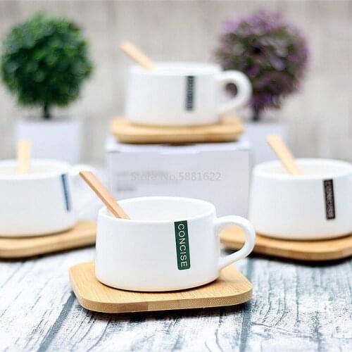 Nordic Concise Style Ceramic Coffee Cups Sets Pure Natural Bamboo Saucer Teaspoon Surprise Cheap Teacup Tazas