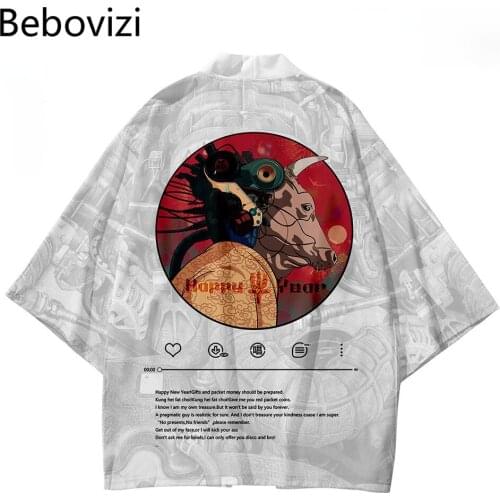 White Harajuku Japanese Style Fashion Kimono Pants Sets Men Women Cardigan Haori Obi Asian Clothes Suit Plus Size Jacket