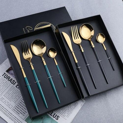 Cutlery Set With Box Mirror Silver Gold Stainless Steel Luxury Dinnerware Flatware Fork Spoons Knife Dinner Set Christmas Gift
