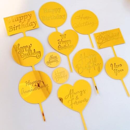 New Happy Birthday Acrylic Cake Toppers Golden Round Happy Anniversary Baking Cake Toppers for Birthday Party Cake Decorations