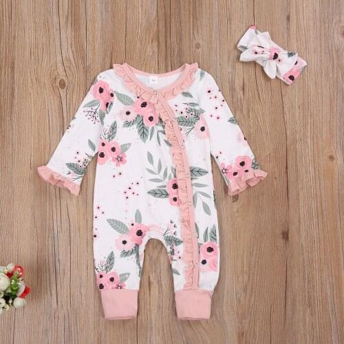 0-18M Autumn Baby Girls Boys Rompers Headband 2pcs Flowers Print Ruffles Long Sleeve Single Breasted Jumpsuits