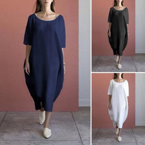 Spring and summer cotton linen womens new beach midlength dress loose skirt with pocket solid color dress