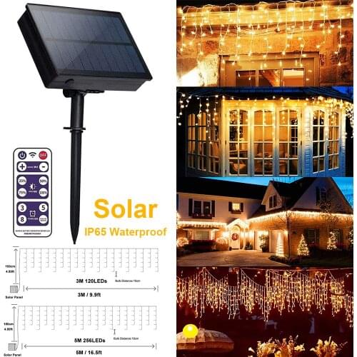 Remote Control Solar Powered LED Curtain Lights Christmas Decoration LED String Light Waterproof Fence Balcony Fairy Lights D30