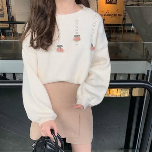 Knitted Sweater Women Lantern Sleeve Pullovers Female Korean Cherry Decorate Soft Sweater Winter Autumn Clothing For Women
