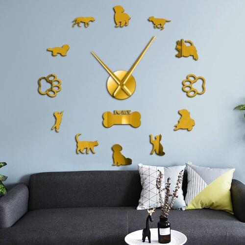 Cats And Dogs DIY Wall Art Decorative Large Wall Clock Animals Wall Sticker Frameless Big Wall Watch Home Decor Pets Owner Gift