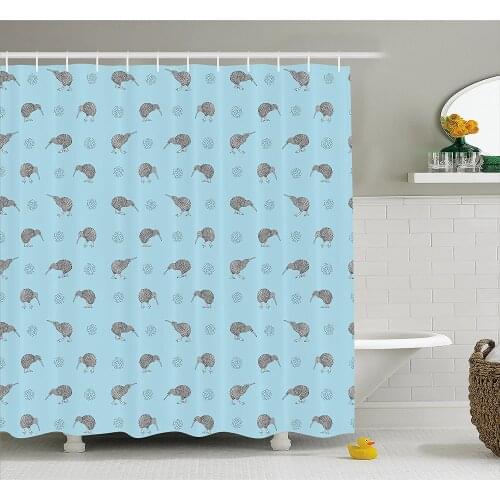 Grey Blue Shower Curtain Kiwi Birds Indigenous New Zealand Animals Doodle Style Tropical Wildlife Waterproof Bath Curtains