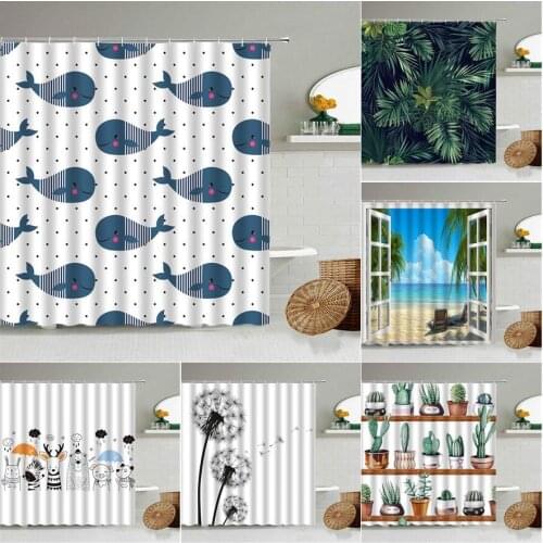 Cartoon Sea Animal Blue Dolphin Fish Pattern Shower Curtain Set Fun Kids Bathroom Decoration Toilet Partition Waterproof Screen