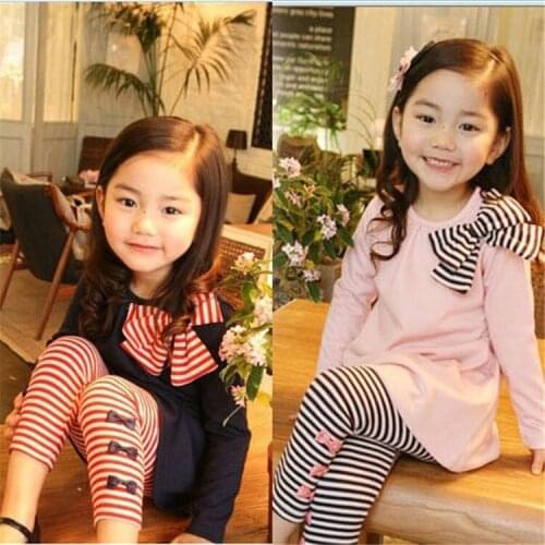 2 3 4 5 6 7 8 Year Girls Clothes Long Sleeve Children Clothing Set Bow Shirts Striped Leggings Kids New Year Suits for Girl