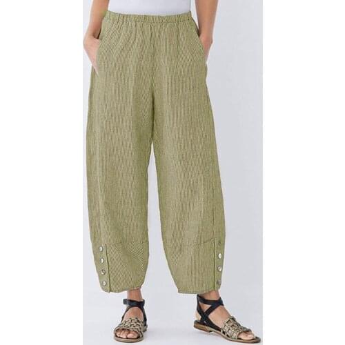 EaseHut Women Casual Striped Long Pants Vintage Elastic Waist Pockets Button Asymmetrical Trousers 4XL 5XL Plus Size Tube Pants