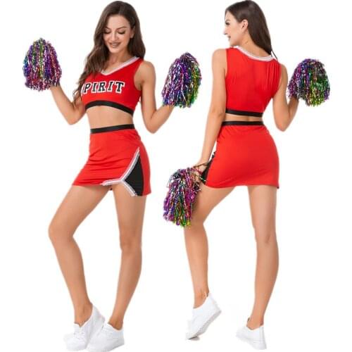 Ladies Cheerleader Costume Cheerleading School Girl Outfits Cosplay Cheer Uniform Fancy Dress Top with Mini Skirt + Pompoms