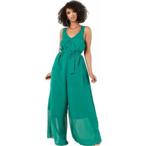 Fashion Women Long Trousers 2021 New Chiffon Jumpsuit Casual Wide-legged Pants Overalls Summer Sleeless V Neck Loose Rompers