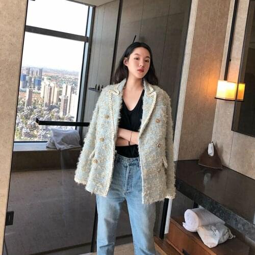 Womens Handmade Luxury Blazer Suits Vintage Tailored Collar Tweed Double Breasted Short Tassel Blazers Clothing Casaco Feminino