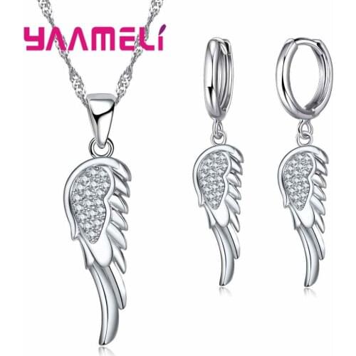 Fancy 925 Sterling Silver Jewelry Sets Angels Wings Girls Necklace And Earring Wedding Bijoux Best Quality For Women