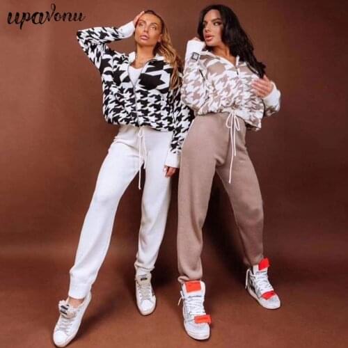 Free Shipping Womens Jacquard Knit Set 2020 Autumn Womens Zipper Long Sleeve Hooded Sweater & Elastic Pants 2 Piece Casual Set