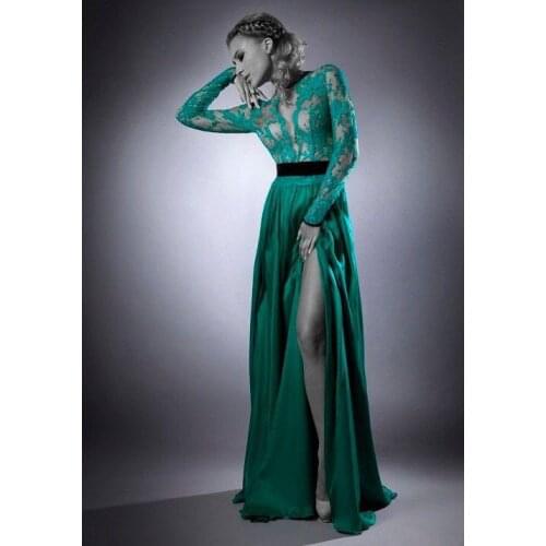 Summer dress evening gown vestido de festa 2018 new fashionable sexy backless green lace long sleeve evening Dress free shipping