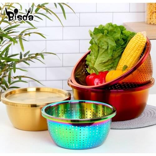 3 Pcs/Set Kitchen Tool Drain Basin Basket Fruit Strainers Vegetable Basket Stainless Steel Fruit Plate Gold Home Storage