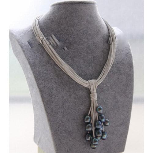 Free shipping Choker 16" 15row 14mm peacock black pearls white leather Pendant necklace 5.27