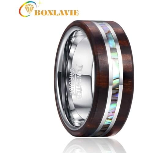 BONLAVIE Mens Engrave Name Rings 8MM Ebony Wood Grain Natural Abalone Shell Tungsten Steel Ring Wedding Band Boyfriends Gift