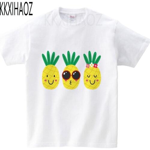 Summer Vogue Cute Baby Girls Print T Shirt Pineapple Pure Cotton Round Neck Casual Tops Boys White Clothes 2-14 Year Kids Tee