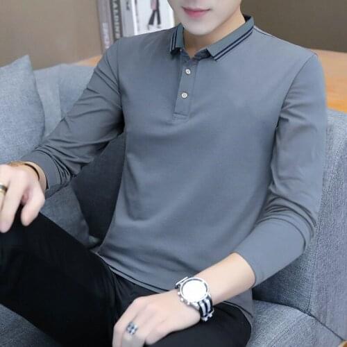 Autumn new mens long sleeve T-shirt trend solid color large lapel cotton mens bottom shirt men clothing