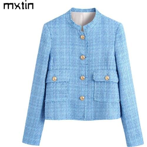 MXTIN 2021 Women Autumn Fashion Solid Single Breasted Jacket Coat Vintage O-Neck Long Sleeve Pockets Female Outerwear Chic Tops