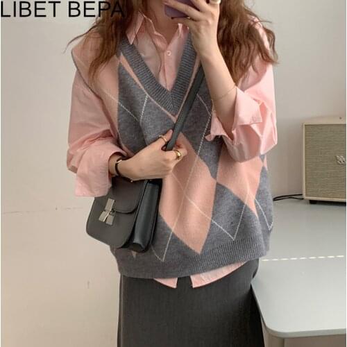 New 2021 Autunm Winter Women Sweaters Pullovers Sleeveless Vest Checkered Waistcoat Plaid Vintage Oversized Lady Tops SWV1397JX
