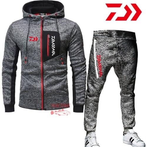 New Daiwa Fishing Hooded Suit Mens Autumn Winter Outdoor Casual Hiking Mountaineering ClothesTwo Piece Sweatshirt Fishing Pants