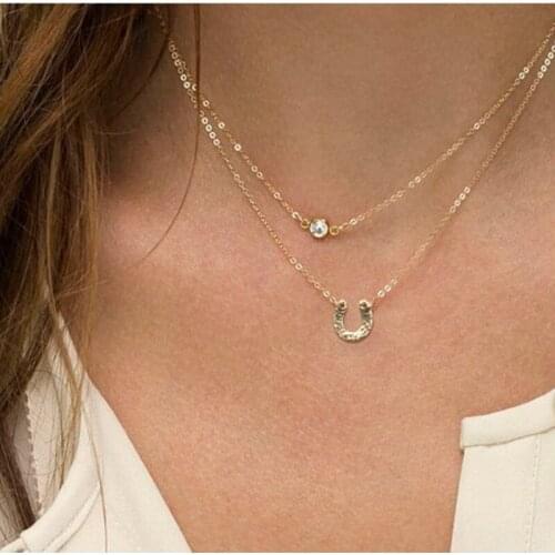 Gold Layer Necklace Simple Minimal Necklace Double Thin Chain with U Charm Delicate Necklace Horseshoe Necklace for Women