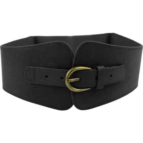 Women Belt Vintage Fashion Faux Leather Buckle Elastic Wide Belt Strap Solid Color Waistband