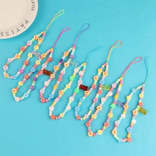 Y2K Aesthetic Flower Bear Crystal Beads Phone Charm Rainbow Color Phone Chain Trending Accessory Personalised Strap For Case