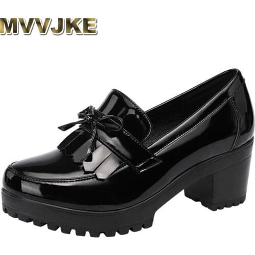 MVVJKESpring and Autumn Womens Shiny Leather Shoes British Style Thick Heel Single Shoes Mid-heel Casual Large Size 43 Womens
