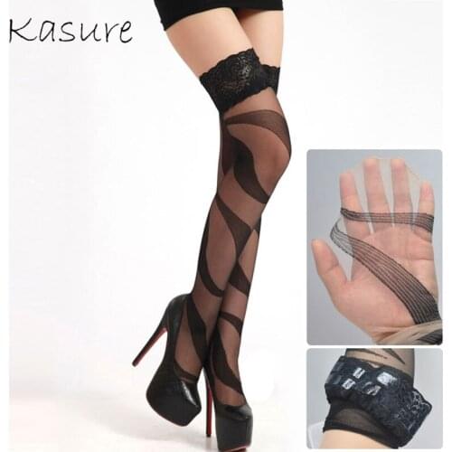 KASURE Stripe Patterned Woman Stockings Transparent Thigh High Mesh Stocking Jacquard Zebra Pattern Spring Summer Accessories