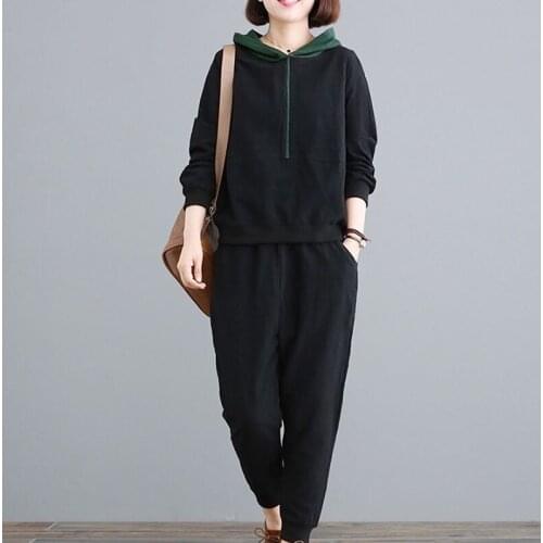 Spring Autumn Plus Size Sports Two Piece Set Womens Fashion Hooded Sweatershirt + Pants 2 Piece Suit Female Green Dresy Damskie