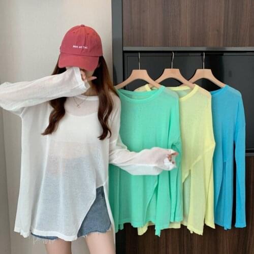 Design Sense Split Thin Round Neck Long-sleeved Sweater Women Summer New Style Korean Loose Mid-length Blouse