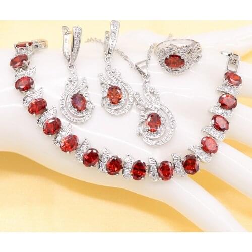 Silver Jewelry Sets For Women Red Semi-precious Earrings Bracelet Rings Necklace Pendant Bridal Wedding Jewelry