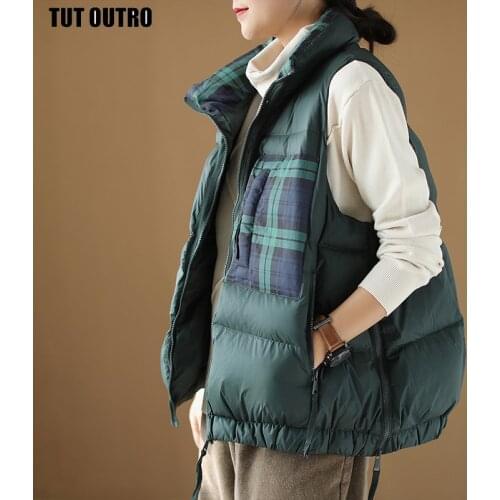 Women Sleeveless Vest Winter Warm Plus Size White Down Padded Jacket Female Veats Mandarin Collar England Lattice Titching Coat
