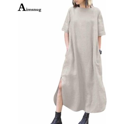 Plus Size 4xl 5xl Women Elegant Long Dress Sexy High Split Party Dresses 2021 Ladies Vintage Cotton Linen Maxi Dress with Pocket