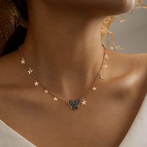 Tocona Elegance Shiny Crystal Stone Butterfly Chain Choker Necklace for Women Charming Gold Color Star Jewelry Gift 14101