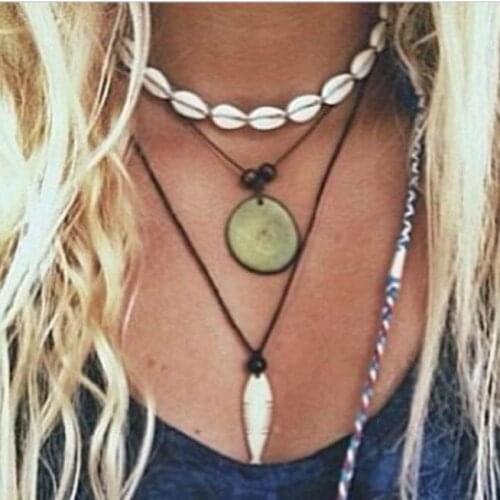 Utrend Summer Retro Cowrie Shell Necklace For Women Vintage Rope Natural Shell Choker Statement Neckalce Boho Jewelry Collares