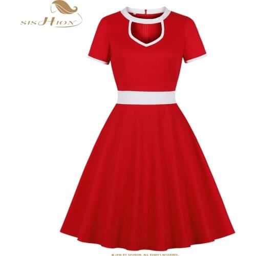 SISHION Short Sleeve Cotton Elegant Red Dress VD2228 Solid Color Summer 50s 60s Retro Vintage Dresses robe femme