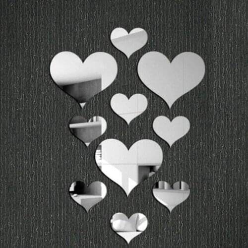 10Pcs Love Heart Acrylic 3D Mirror Wall Stickers Removable Mural Decal Mirror Wall Stickers for Bedroom and Living Room