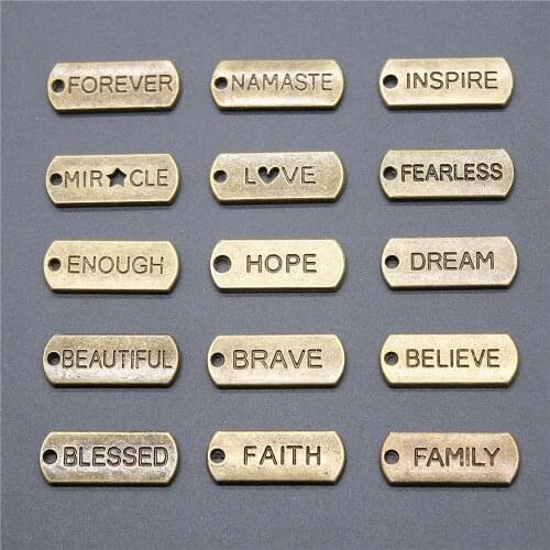 15pcs Charm Inspire Blessed Hope Fearless Faith Believe Brave Namaste Charm Plate Tags Vintage Antique Bronze Color Plate Charms