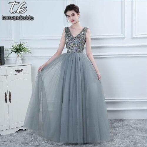 2021 Famous Design A-line Grey Tulle Long Colorful Beading Rhinestones Prom Dress Floor Length Long Evening Dress Party Formals