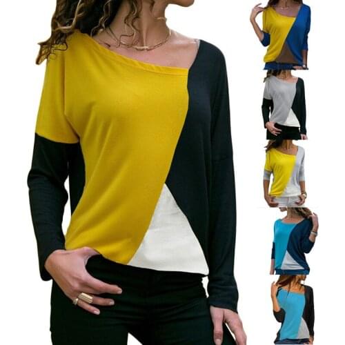 2021 Autumn New Women Long Sleeve O-Neck Patchwork Loose T Shirt Casual Pullover Tops Camiseta Mujer