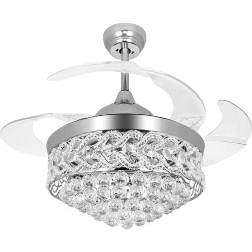 42 Inch Invisible Crystal Ceiling Fan with LED Light and Remote, 4 Retractable ABS Blades Fandelier for Bedroom Livingroom