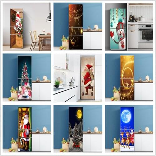 60x180cm 3D Christmas Decoration Refrigerator Sticker Santa Snowman Xmas Tree Wallpaper Self adhesive PVC Kitchen Fridge Decals